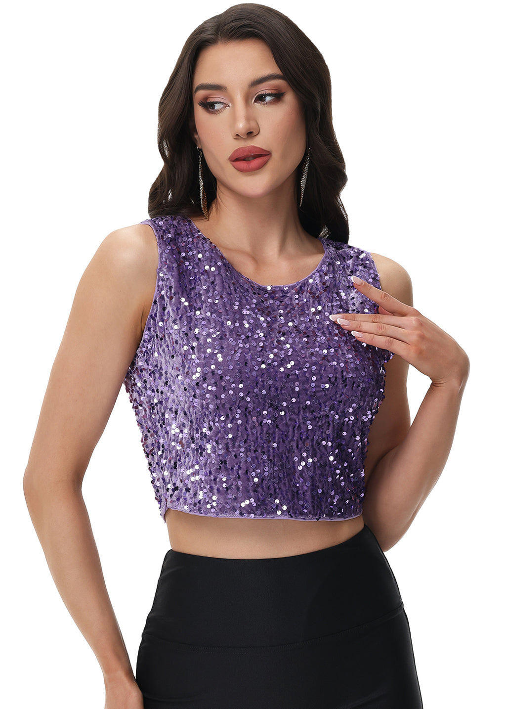 Anna-Kaci Women's Sequin Sleeveless Tops Sparkle Glitter Crew Neck Club Party Nightout Crop Tank Top