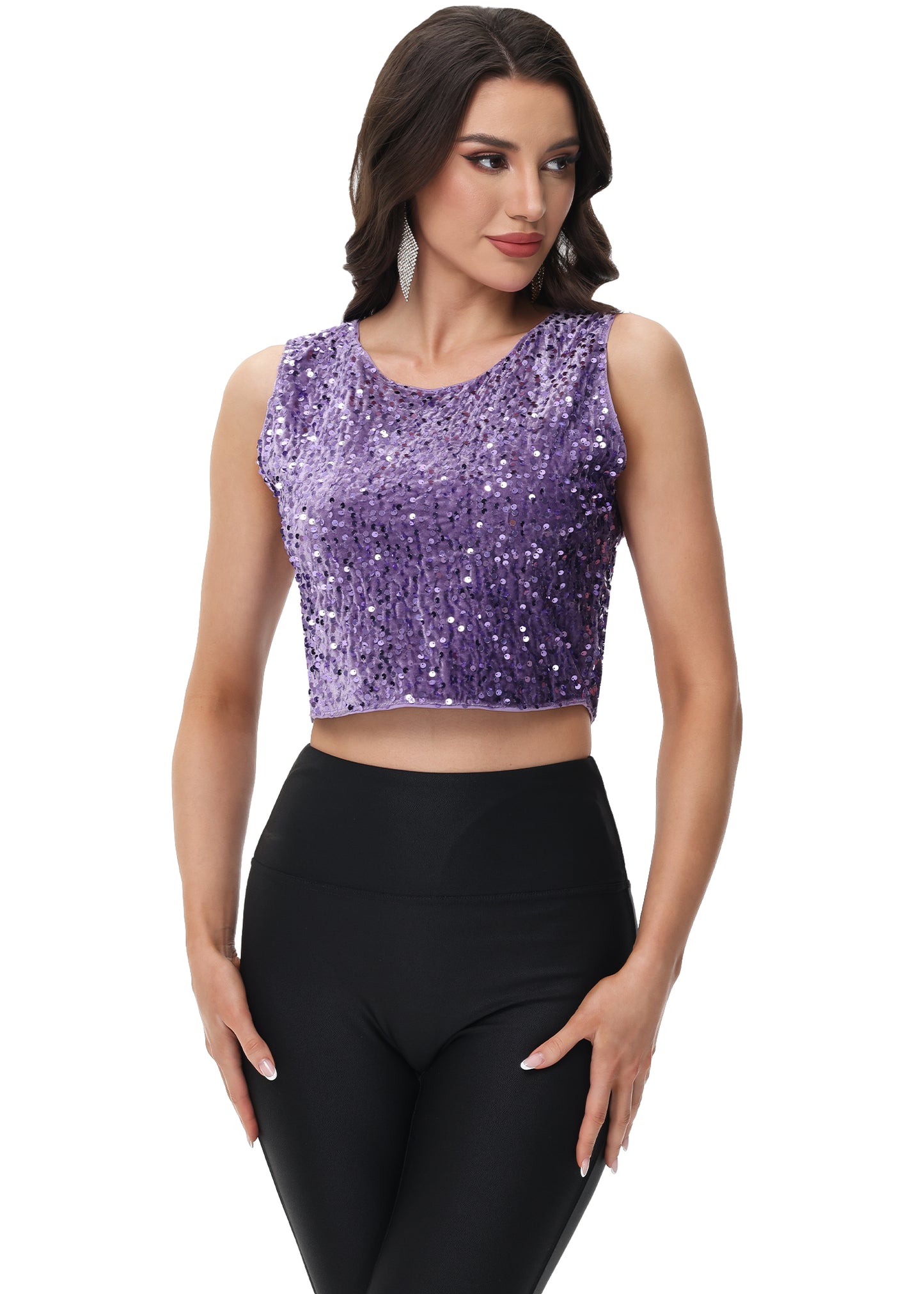Anna-Kaci Women's Sequin Sleeveless Tops Sparkle Glitter Crew Neck Club Party Nightout Crop Tank Top