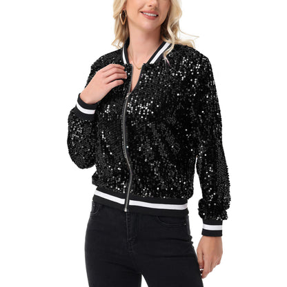 Anna-Kaci Women's Sequin Bomber Jacket with Ribbed Trim and Front Zipper Closure