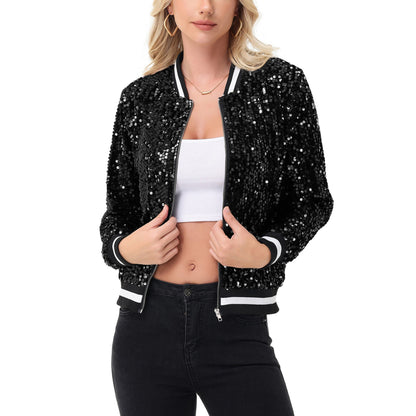 Anna-Kaci Women's Sequin Bomber Jacket with Ribbed Trim and Front Zipper Closure
