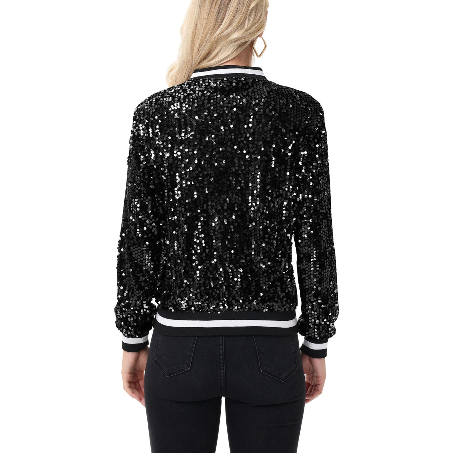 Anna-Kaci Women's Sequin Bomber Jacket with Ribbed Trim and Front Zipper Closure