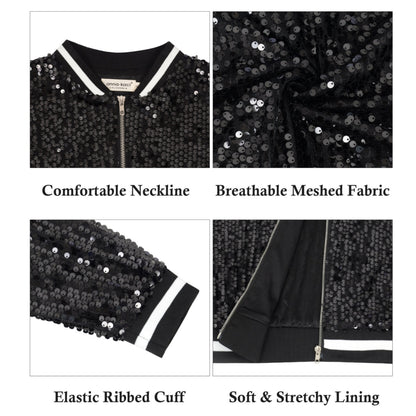 Anna-Kaci Women's Sequin Bomber Jacket with Ribbed Trim and Front Zipper Closure