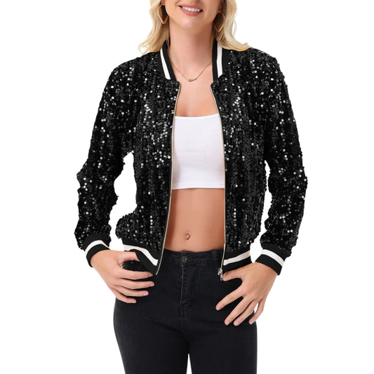 Anna-Kaci Women's Sequin Bomber Jacket with Ribbed Trim and Front Zipper Closure