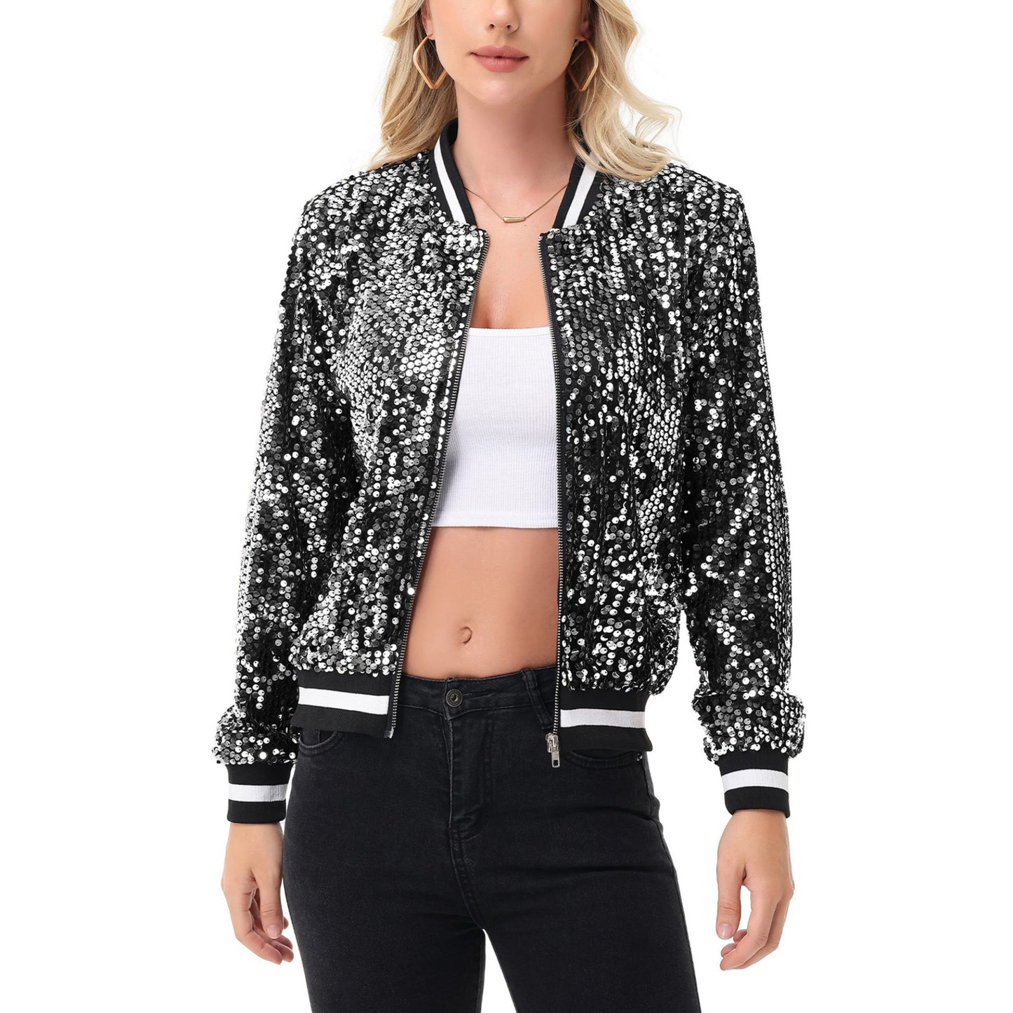 Anna-Kaci Women's Sequin Bomber Jacket with Ribbed Trim and Front Zipper Closure