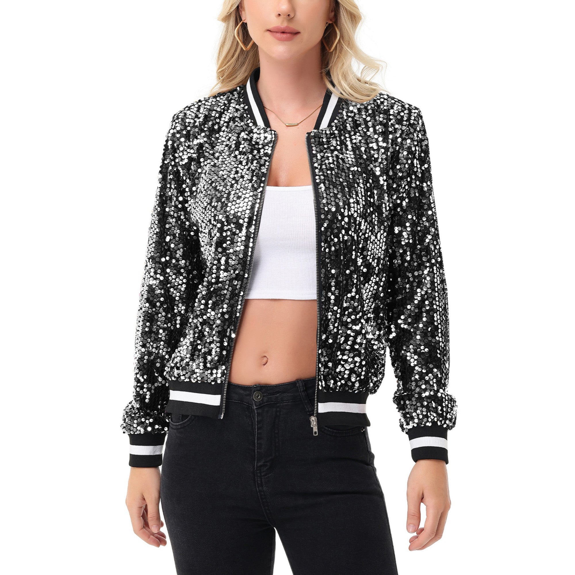 Anna-Kaci Women's Sequin Bomber Jacket with Ribbed Trim and Front Zipper Closure