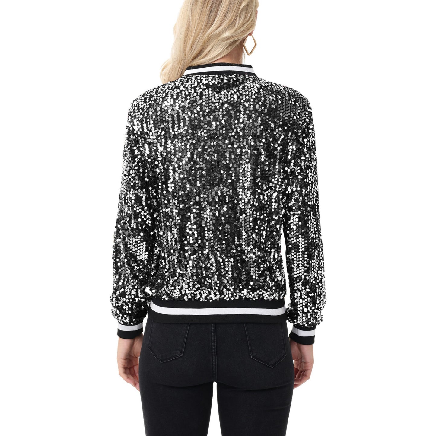 Anna-Kaci Women's Sequin Bomber Jacket with Ribbed Trim and Front Zipper Closure