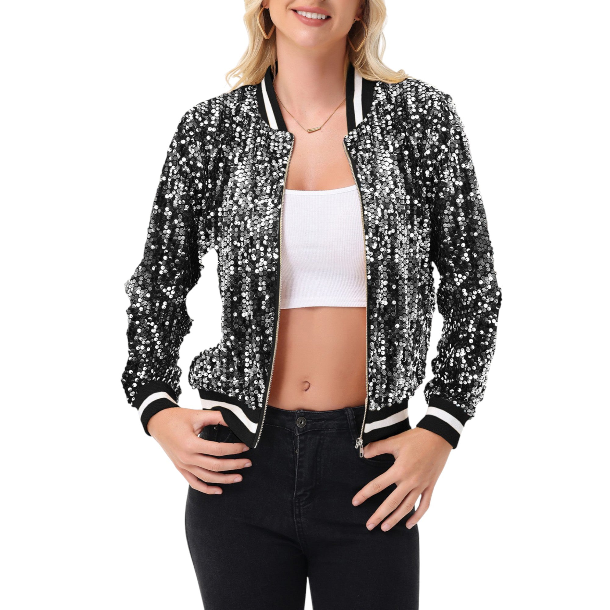 Anna-Kaci Women's Sequin Bomber Jacket with Ribbed Trim and Front Zipper Closure