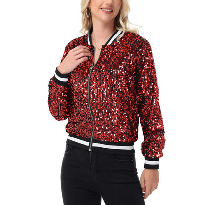 Anna-Kaci Women's Sequin Bomber Jacket with Ribbed Trim and Front Zipper Closure