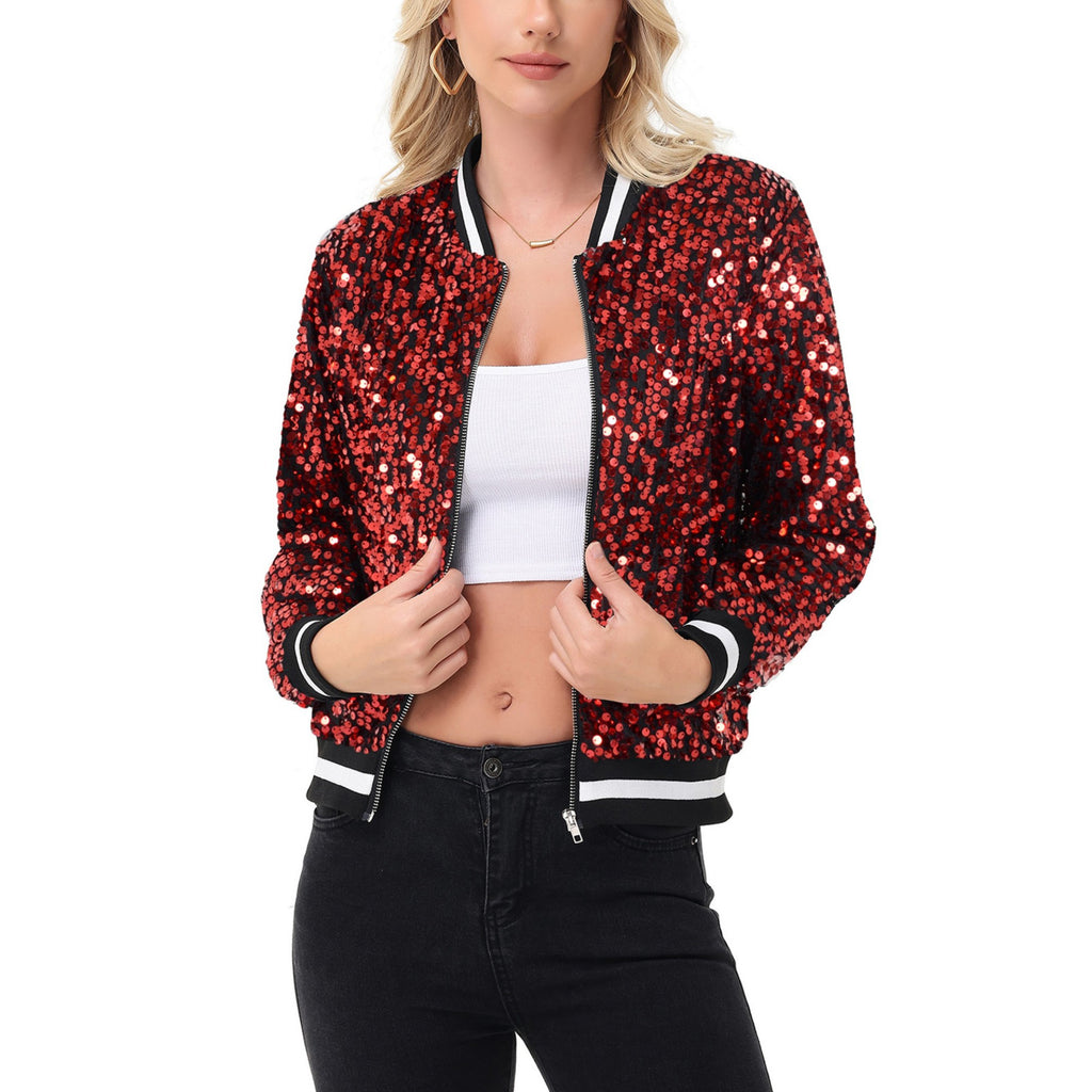 Anna-Kaci Women's Sequin Bomber Jacket with Ribbed Trim and Front Zipper Closure