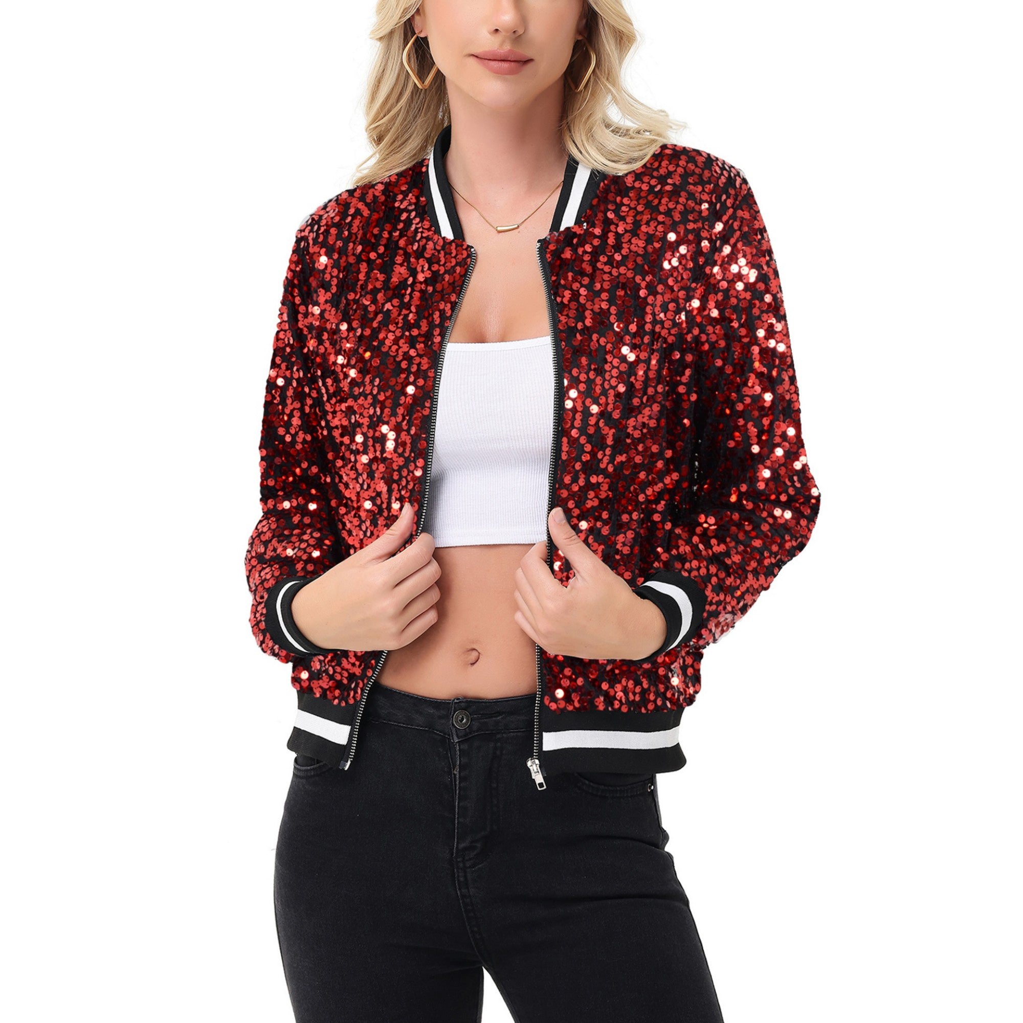 Anna-Kaci Women's Sequin Bomber Jacket with Ribbed Trim and Front Zipper Closure