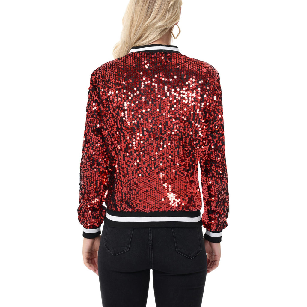 Anna-Kaci Women's Sequin Bomber Jacket with Ribbed Trim and Front Zipper Closure