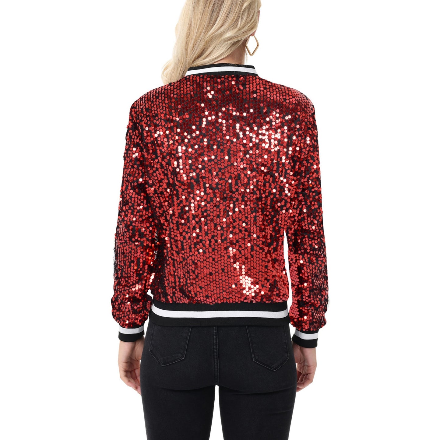 Anna-Kaci Women's Sequin Bomber Jacket with Ribbed Trim and Front Zipper Closure