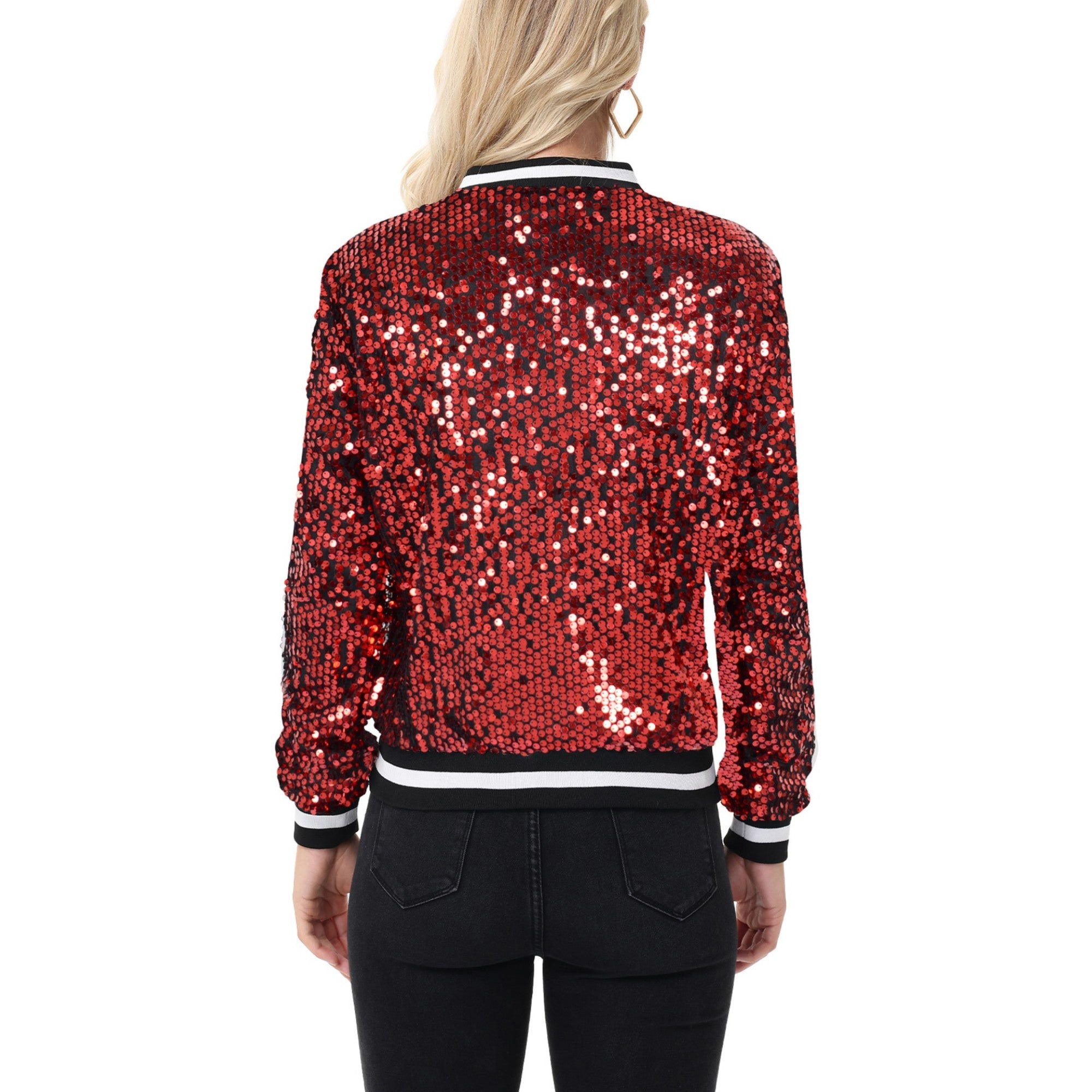 Anna-Kaci Women's Sequin Bomber Jacket with Ribbed Trim and Front Zipper Closure