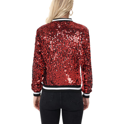 Anna-Kaci Women's Sequin Bomber Jacket with Ribbed Trim and Front Zipper Closure