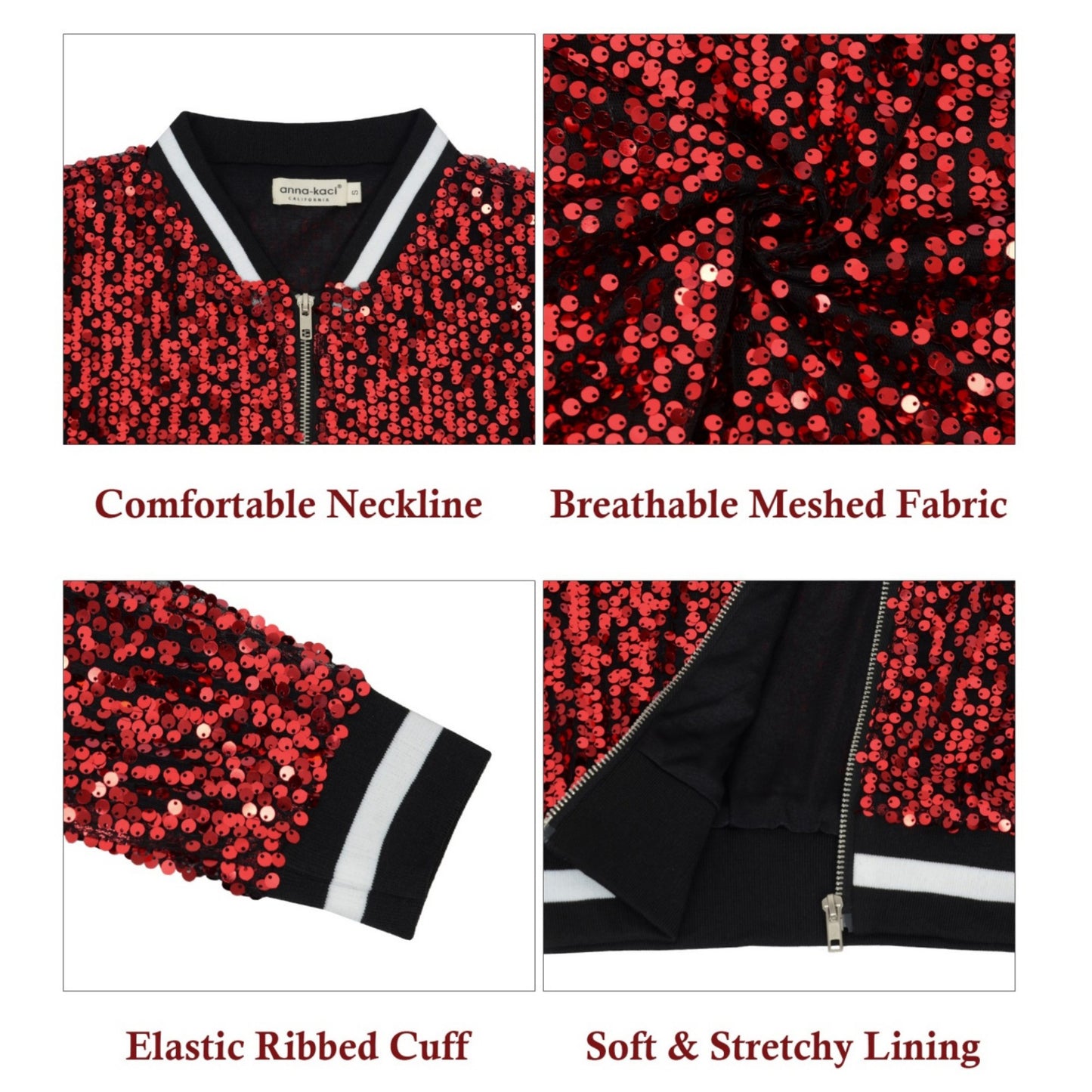 Anna-Kaci Women's Sequin Bomber Jacket with Ribbed Trim and Front Zipper Closure