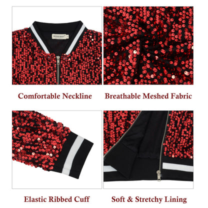 Anna-Kaci Women's Sequin Bomber Jacket with Ribbed Trim and Front Zipper Closure