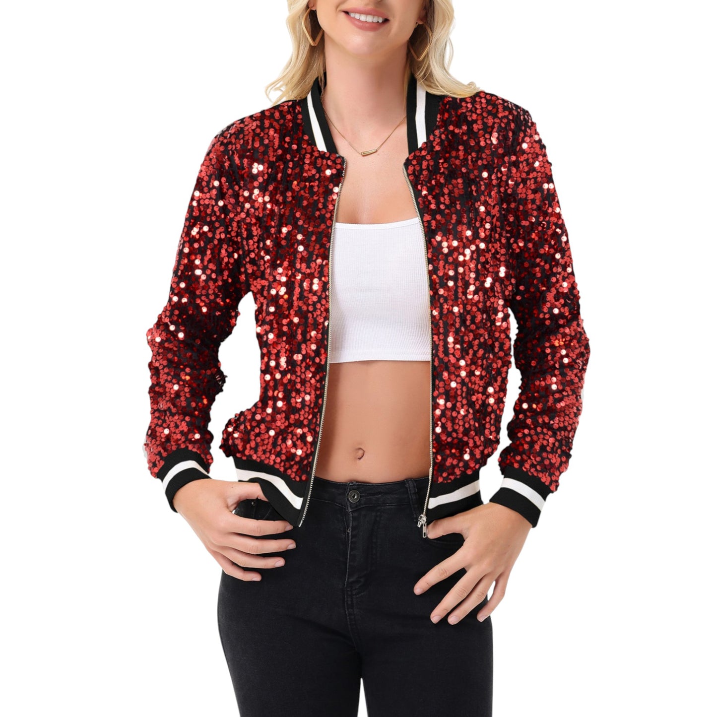 Anna-Kaci Women's Sequin Bomber Jacket with Ribbed Trim and Front Zipper Closure