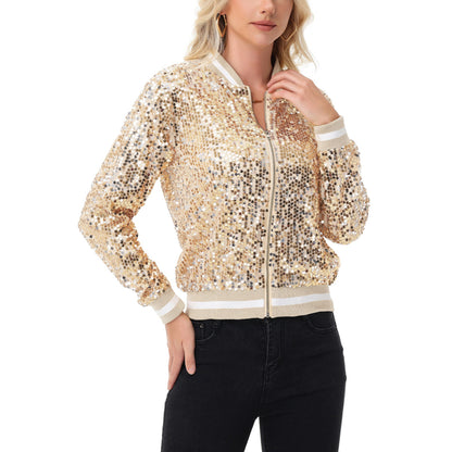 Anna-Kaci Women's Sequin Bomber Jacket with Ribbed Trim and Front Zipper Closure