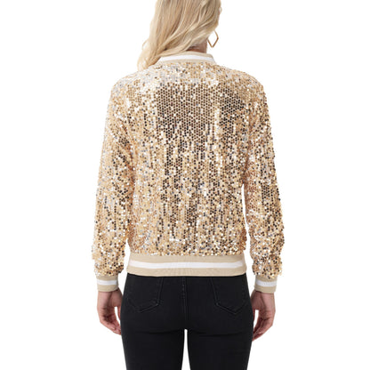 Anna-Kaci Women's Sequin Bomber Jacket with Ribbed Trim and Front Zipper Closure