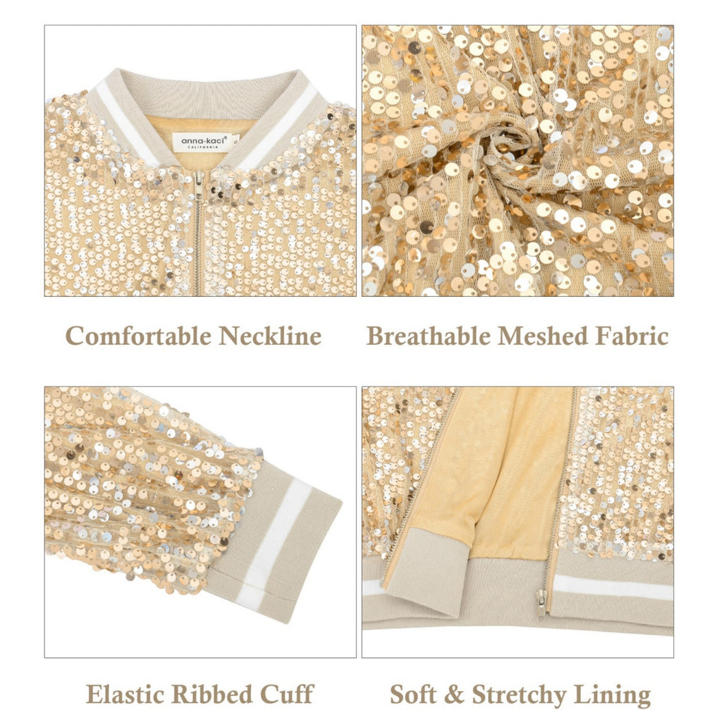 Anna-Kaci Women's Sequin Bomber Jacket with Ribbed Trim and Front Zipper Closure