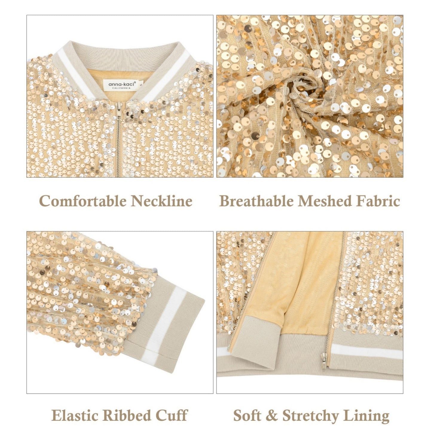 Anna-Kaci Women's Sequin Bomber Jacket with Ribbed Trim and Front Zipper Closure