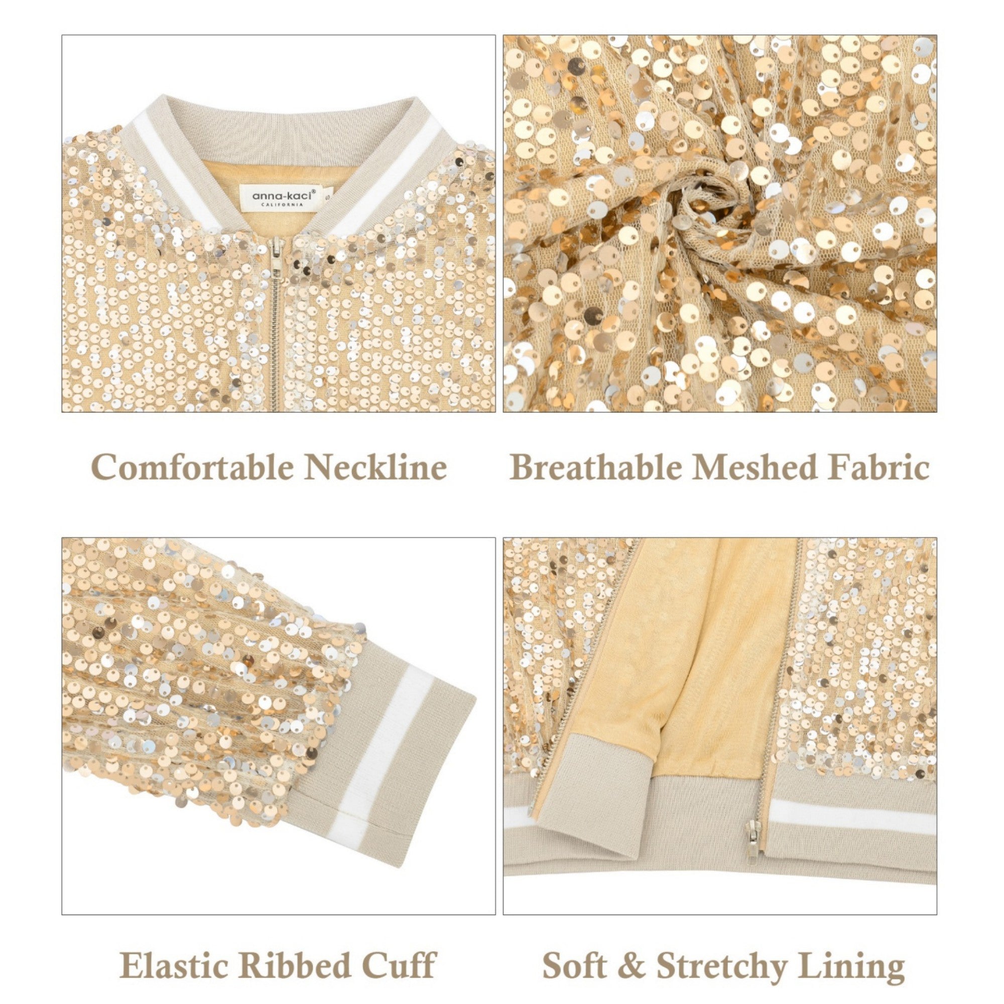 Anna-Kaci Women's Sequin Bomber Jacket with Ribbed Trim and Front Zipper Closure