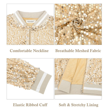 Anna-Kaci Women's Sequin Bomber Jacket with Ribbed Trim and Front Zipper Closure