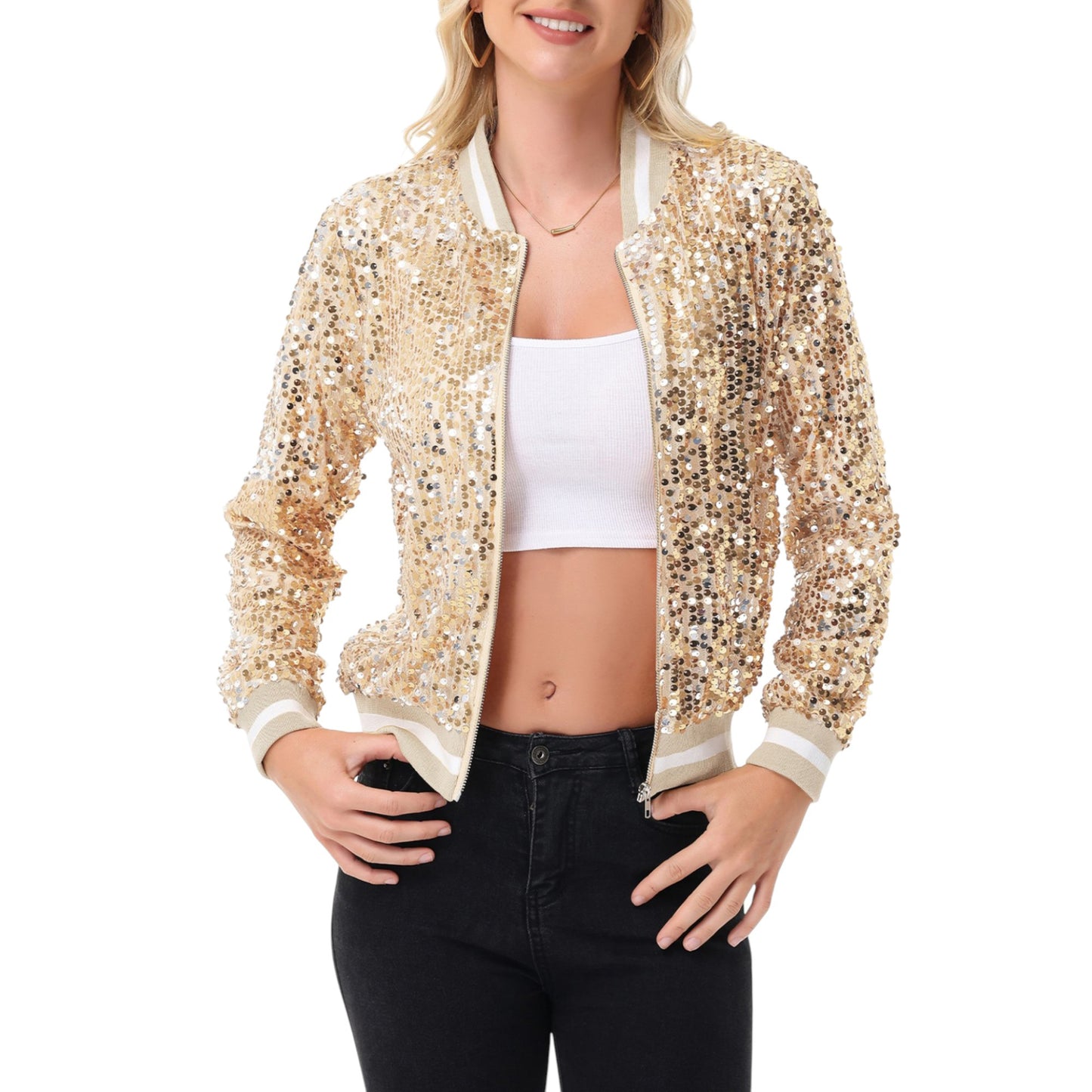 Anna-Kaci Women's Sequin Bomber Jacket with Ribbed Trim and Front Zipper Closure