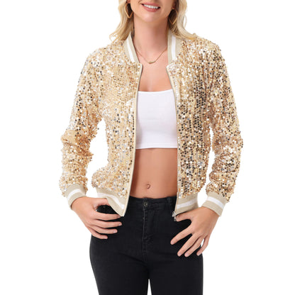 Anna-Kaci Women's Sequin Bomber Jacket with Ribbed Trim and Front Zipper Closure