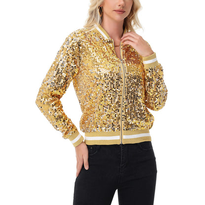 Anna-Kaci Women's Sequin Bomber Jacket with Ribbed Trim and Front Zipper Closure