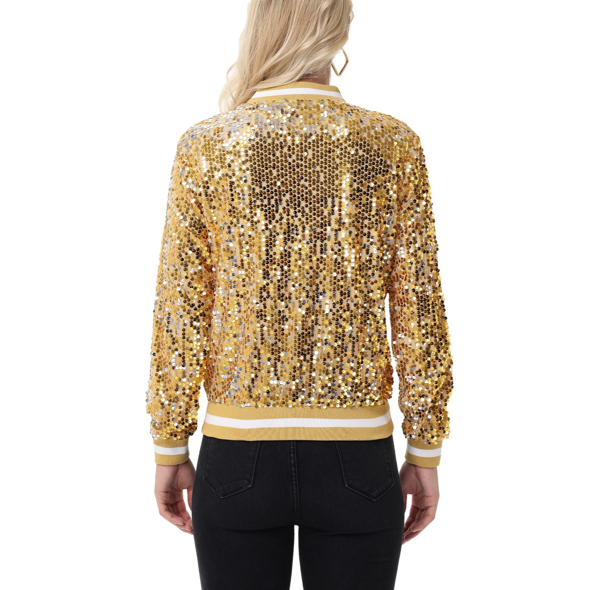 Anna-Kaci Women's Sequin Bomber Jacket with Ribbed Trim and Front Zipper Closure