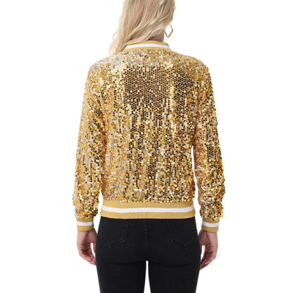 Anna-Kaci Women's Sequin Bomber Jacket with Ribbed Trim and Front Zipper Closure