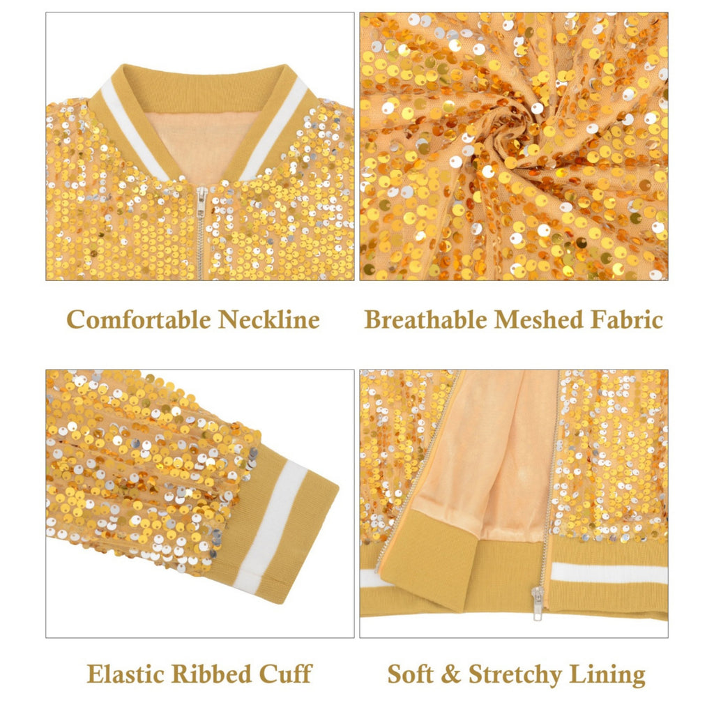 Anna-Kaci Women's Sequin Bomber Jacket with Ribbed Trim and Front Zipper Closure