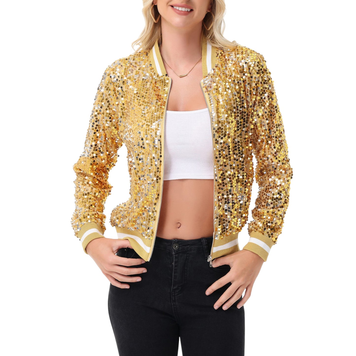 Anna-Kaci Women's Sequin Bomber Jacket with Ribbed Trim and Front Zipper Closure