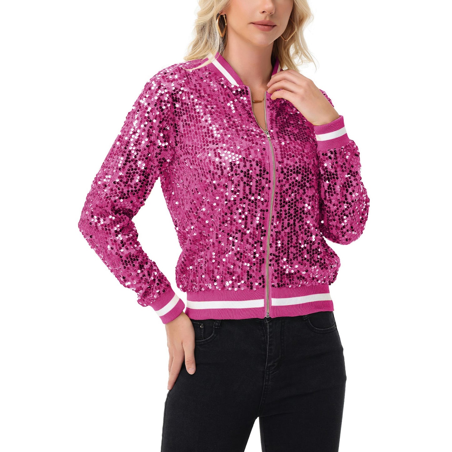 Anna-Kaci Women's Sequin Bomber Jacket with Ribbed Trim and Front Zipper Closure