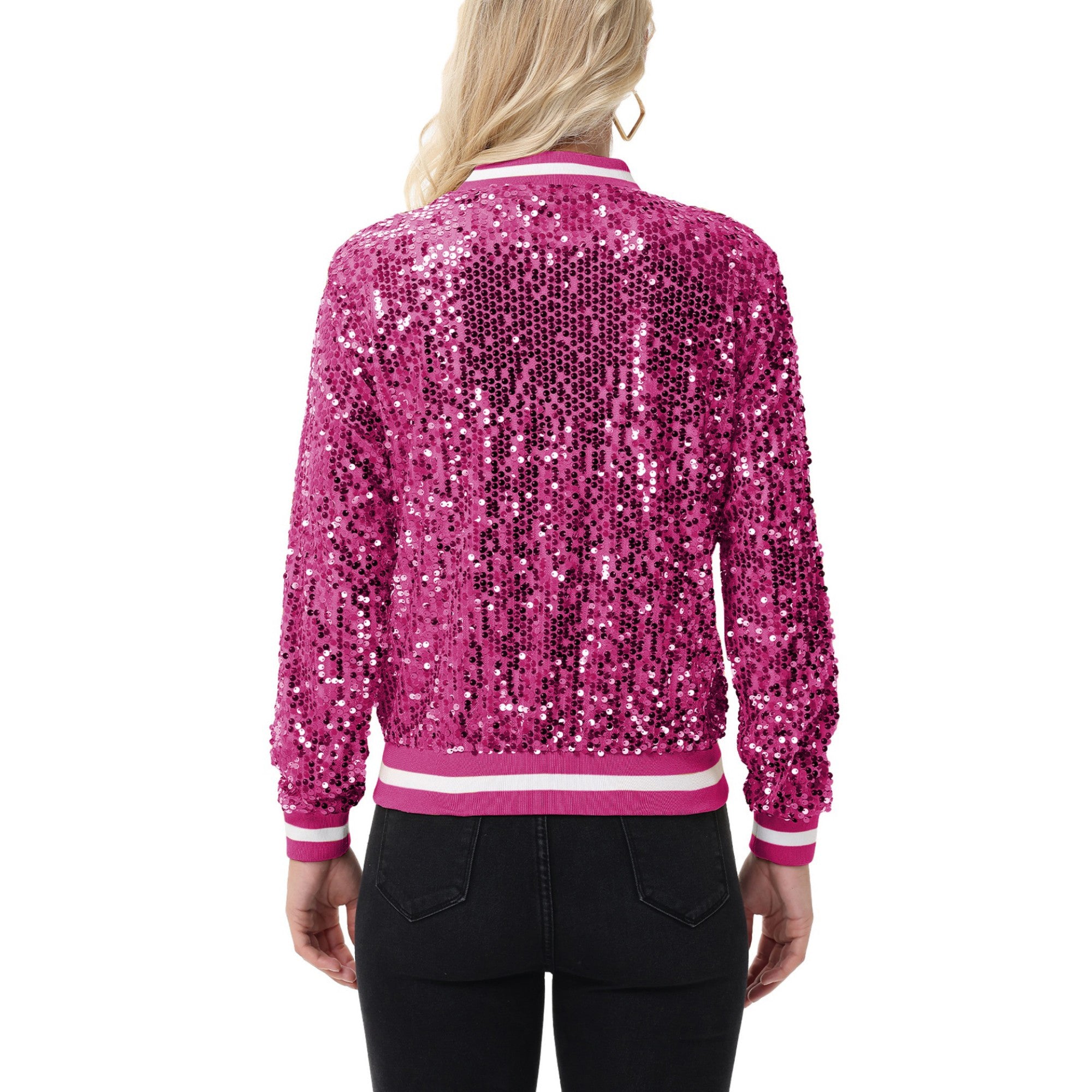 Anna-Kaci Women's Sequin Bomber Jacket with Ribbed Trim and Front Zipper Closure
