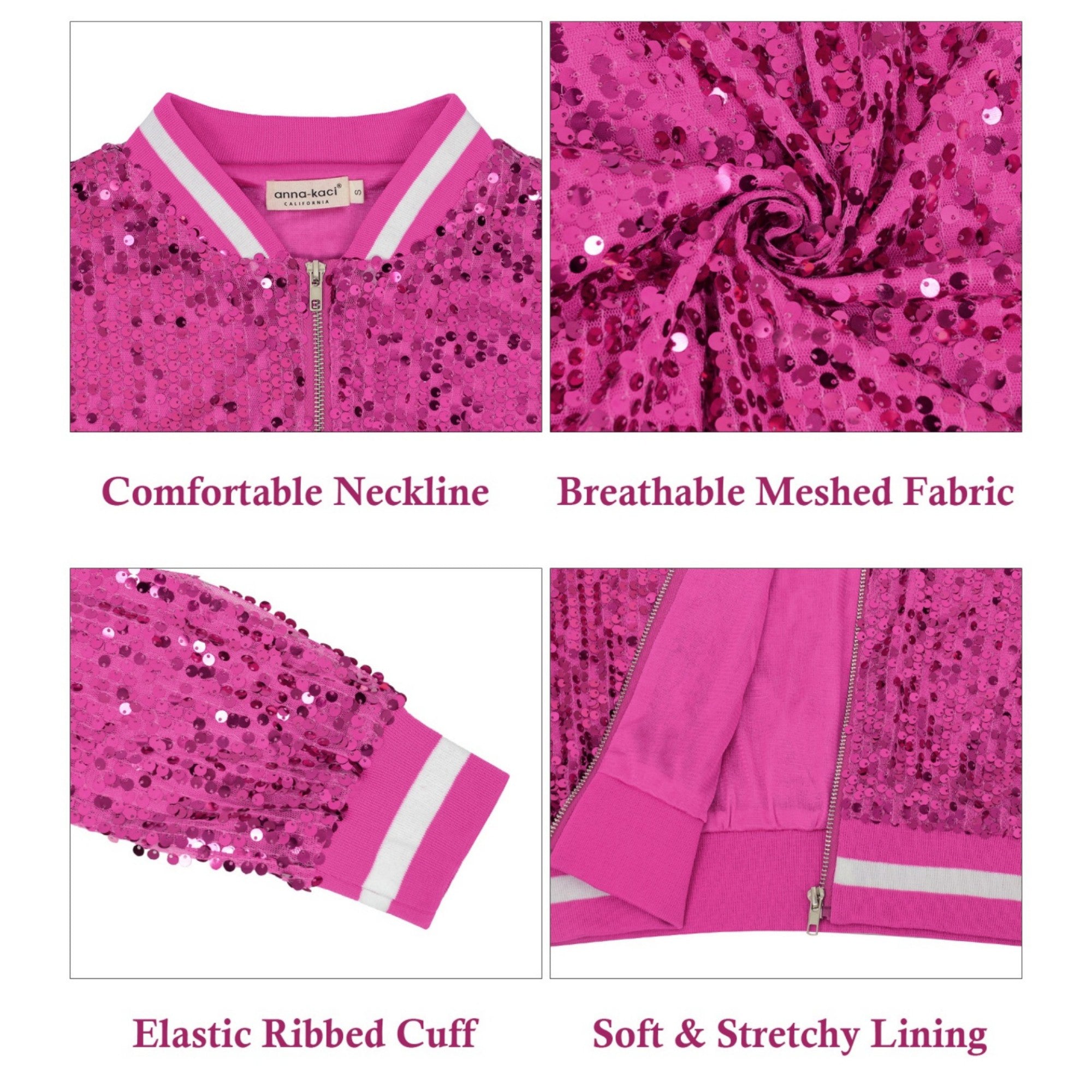 Anna-Kaci Women's Sequin Bomber Jacket with Ribbed Trim and Front Zipper Closure