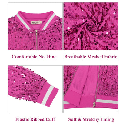 Anna-Kaci Women's Sequin Bomber Jacket with Ribbed Trim and Front Zipper Closure