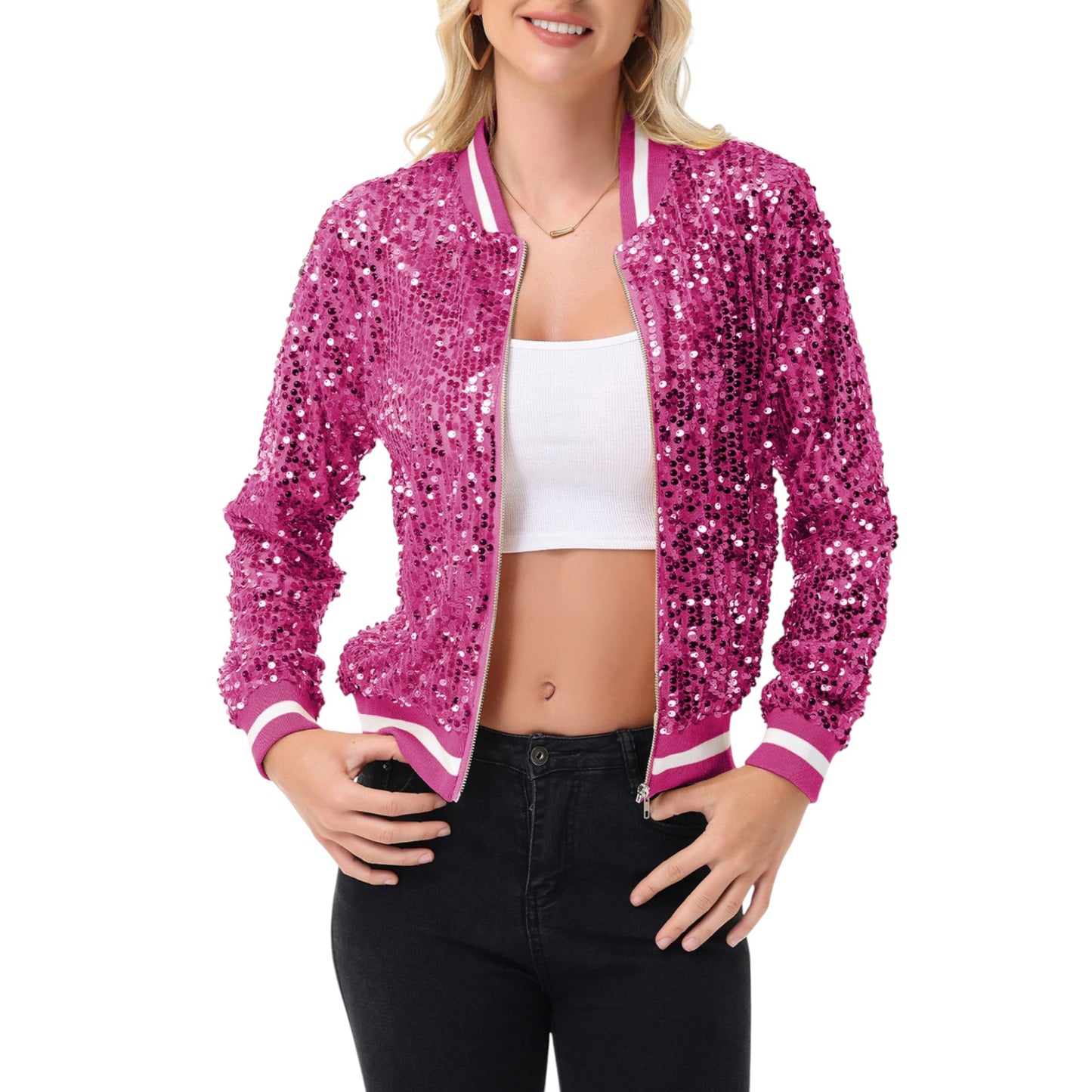 Anna-Kaci Women's Sequin Bomber Jacket with Ribbed Trim and Front Zipper Closure