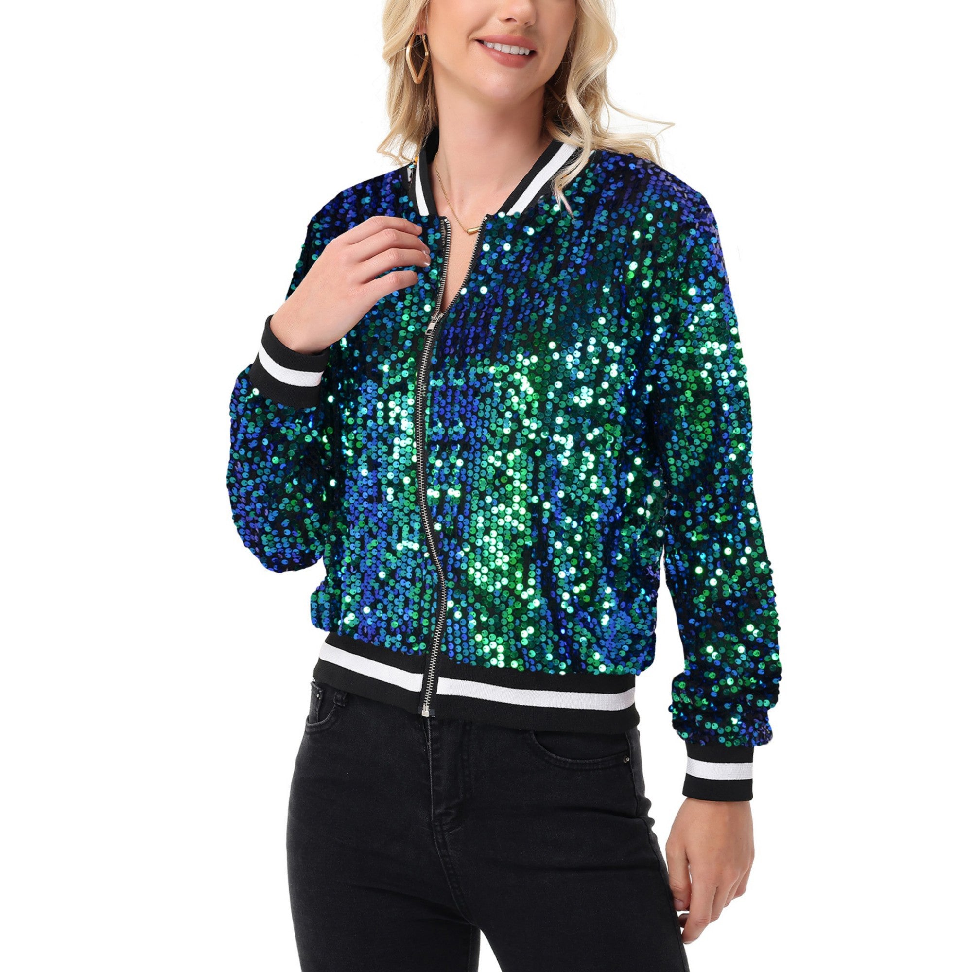 Anna-Kaci Women's Sequin Bomber Jacket with Ribbed Trim and Front Zipper Closure