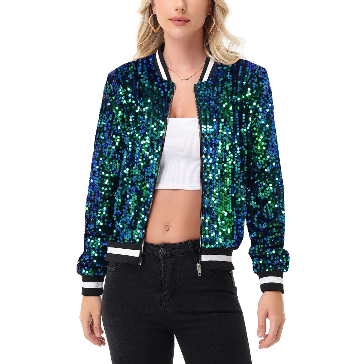 Anna-Kaci Women's Sequin Bomber Jacket with Ribbed Trim and Front Zipper Closure