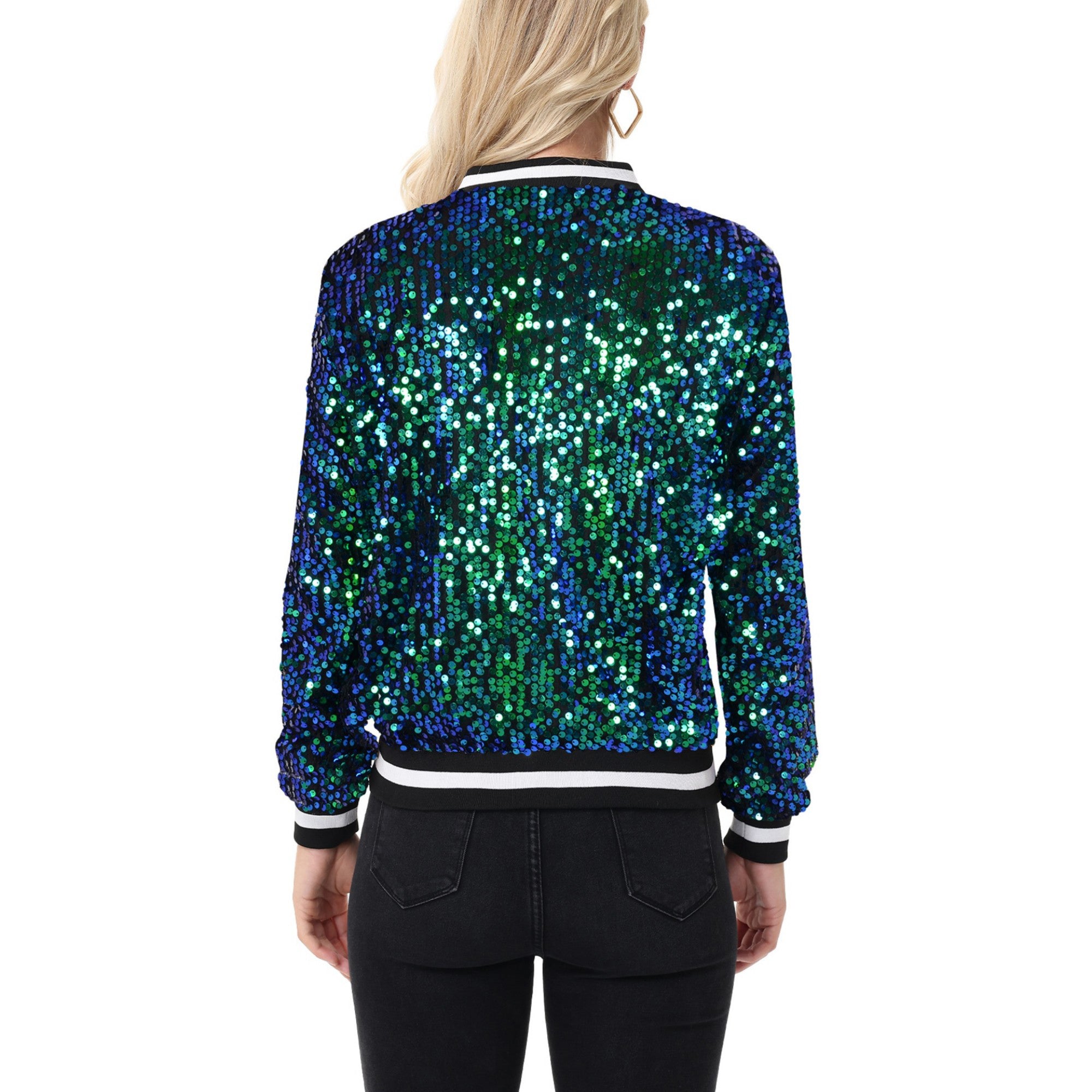 Anna-Kaci Women's Sequin Bomber Jacket with Ribbed Trim and Front Zipper Closure