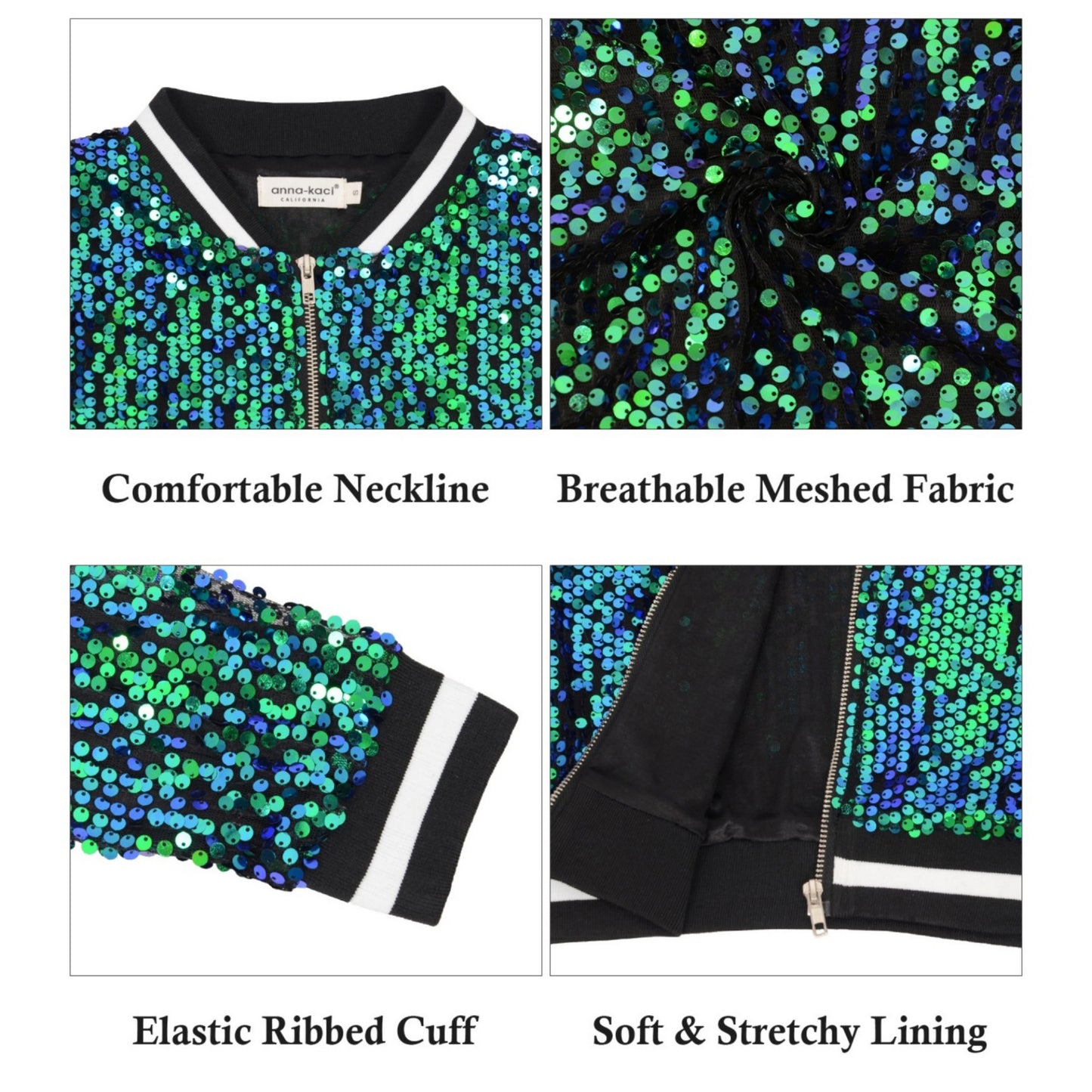 Anna-Kaci Women's Sequin Bomber Jacket with Ribbed Trim and Front Zipper Closure