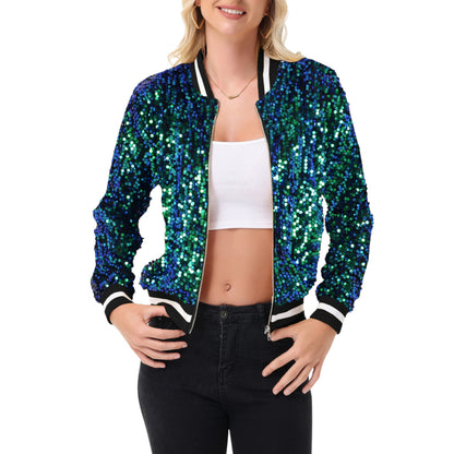 Anna-Kaci Women's Sequin Bomber Jacket with Ribbed Trim and Front Zipper Closure