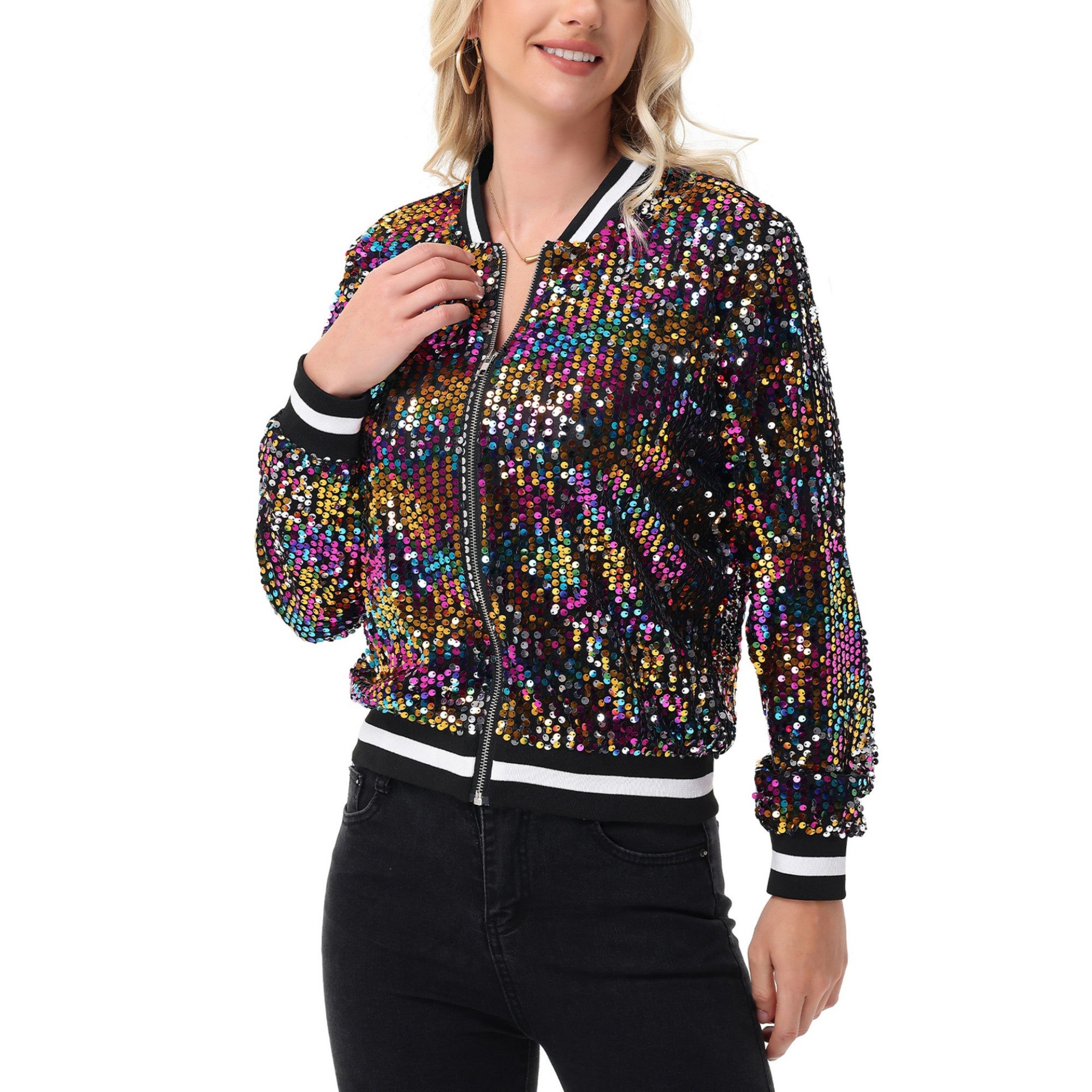 Anna-Kaci Women's Sequin Bomber Jacket with Ribbed Trim and Front Zipper Closure