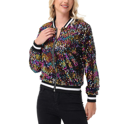 Anna-Kaci Women's Sequin Bomber Jacket with Ribbed Trim and Front Zipper Closure