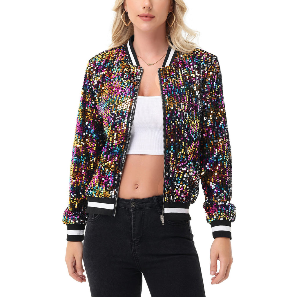 Anna-Kaci Women's Sequin Bomber Jacket with Ribbed Trim and Front Zipper Closure