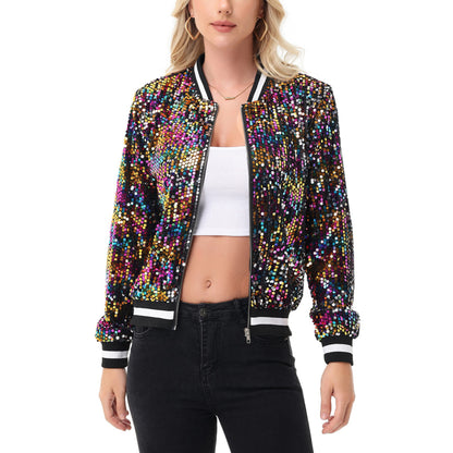 Anna-Kaci Women's Sequin Bomber Jacket with Ribbed Trim and Front Zipper Closure