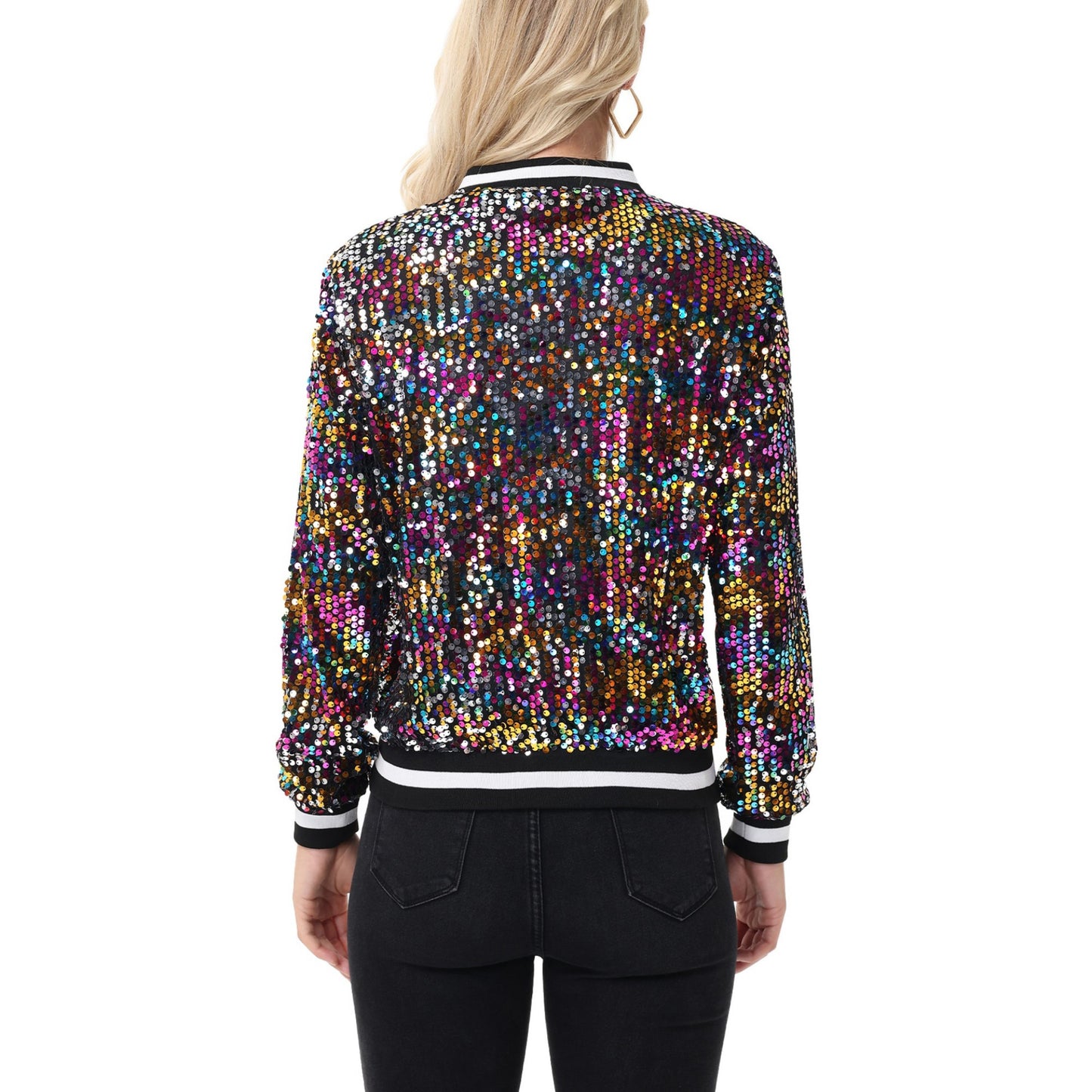 Anna-Kaci Women's Sequin Bomber Jacket with Ribbed Trim and Front Zipper Closure
