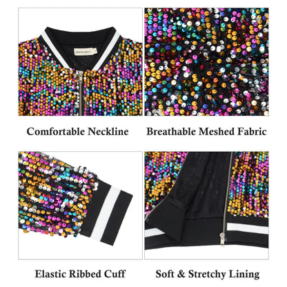 Anna-Kaci Women's Sequin Bomber Jacket with Ribbed Trim and Front Zipper Closure